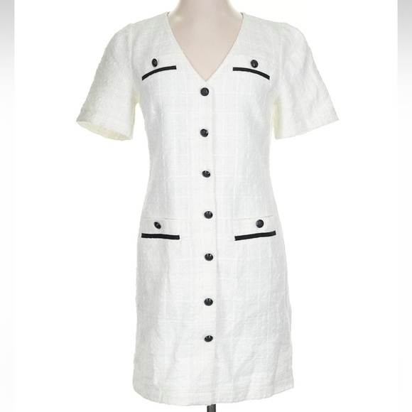 Ann Taylor LOFT White Tweed V-Neck Pocket Sheath Dress Bloggers Favorite Size 00 - Picture 2 of 12